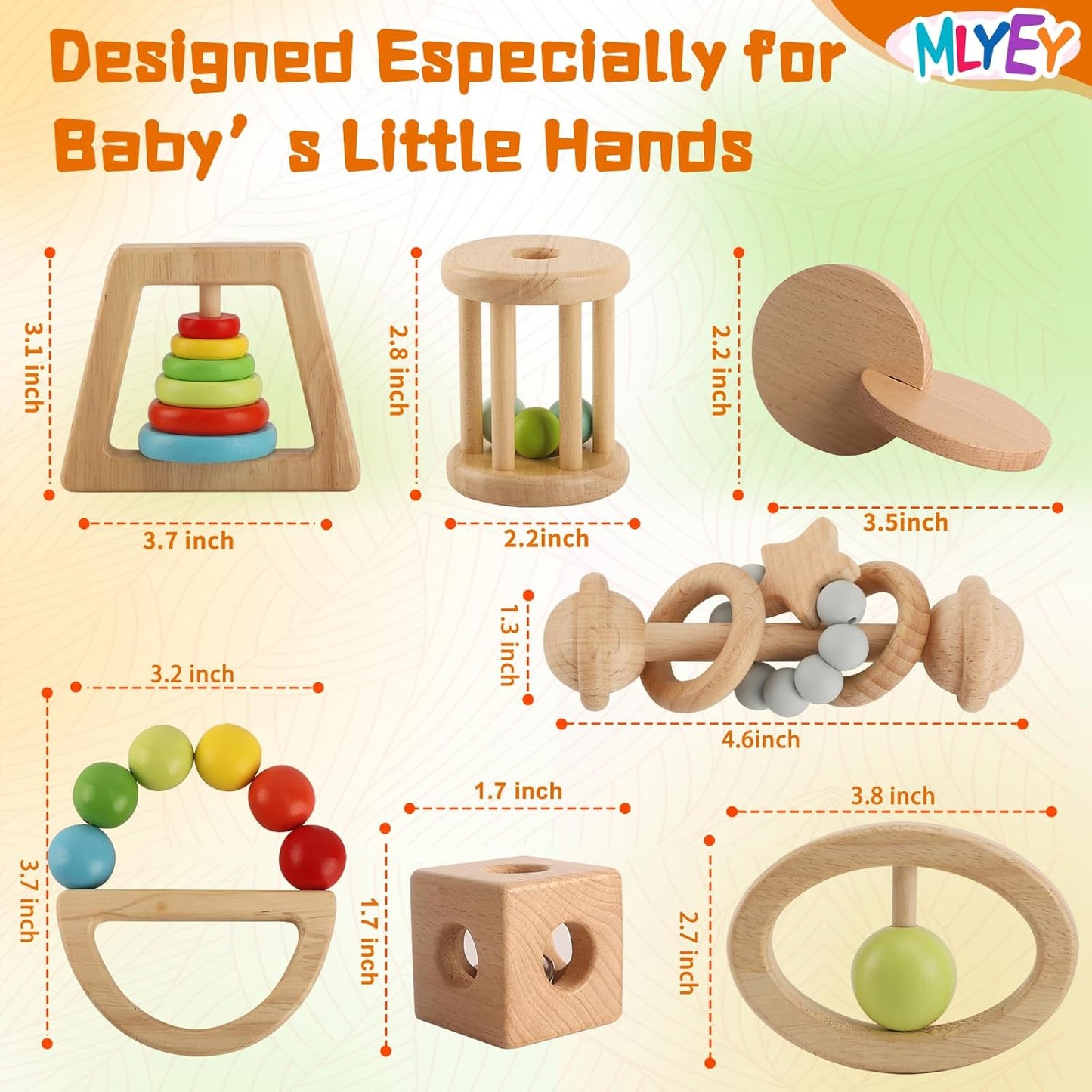 Wooden Rattles for Baby, 7PCS Wooden Montessori Toys for 7-24 Months Baby Boy Girl, Natural Beech Wood Grasping Toy, Gift for Babies