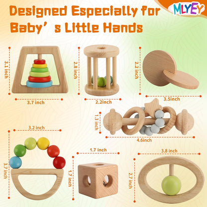 Wooden Rattles for Baby, 7PCS Wooden Montessori Toys for 7-24 Months Baby Boy Girl, Natural Beech Wood Grasping Toy, Gift for Babies