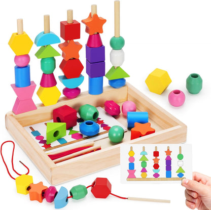 TooyBing Montessori Wooden Lacing Beads Toys for 3 4 Year Old Toddler Kids, Sequencing & Stacking Block Toy with Storage Box, STEM Preschool Learning Toys, Christmas Birthday Gifts for Boys Girls