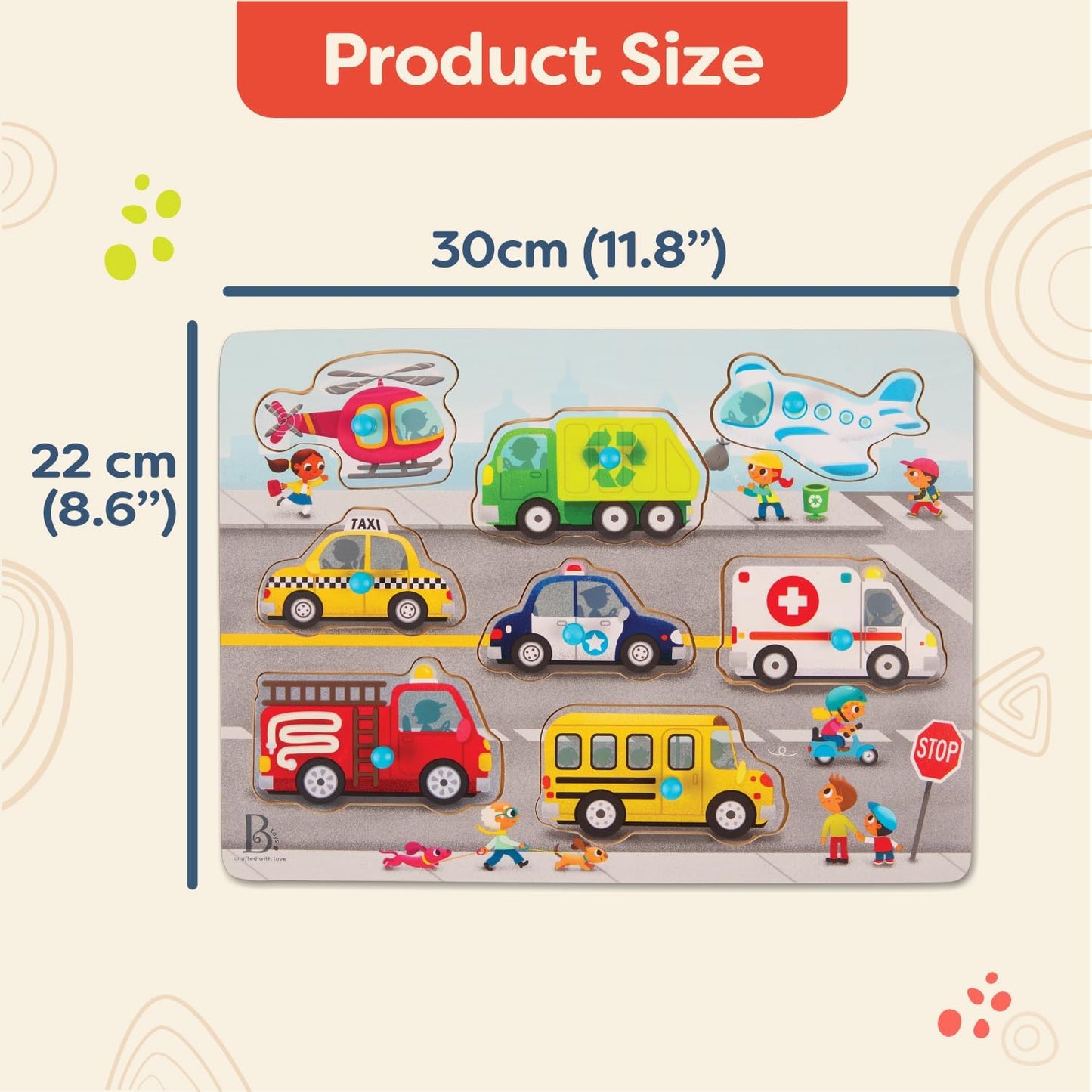 B. toys – Peek & Explore – Vehicles – Wooden Peg Puzzle for Toddlers, Kids – 8 Pieces – Fire Truck, Airplane, Taxi & More – 2+ Years