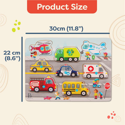 B. toys – Peek & Explore – Vehicles – Wooden Peg Puzzle for Toddlers, Kids – 8 Pieces – Fire Truck, Airplane, Taxi & More – 2+ Years
