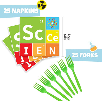 Science Party Supplies (100 pcs) Science Party Plates, Science Birthday Napkins, Science Paper Plates Napkins for Chemistry Party, Forks, Mad Scientist Themed Birthday Lab Party Decorations, 25 Serves