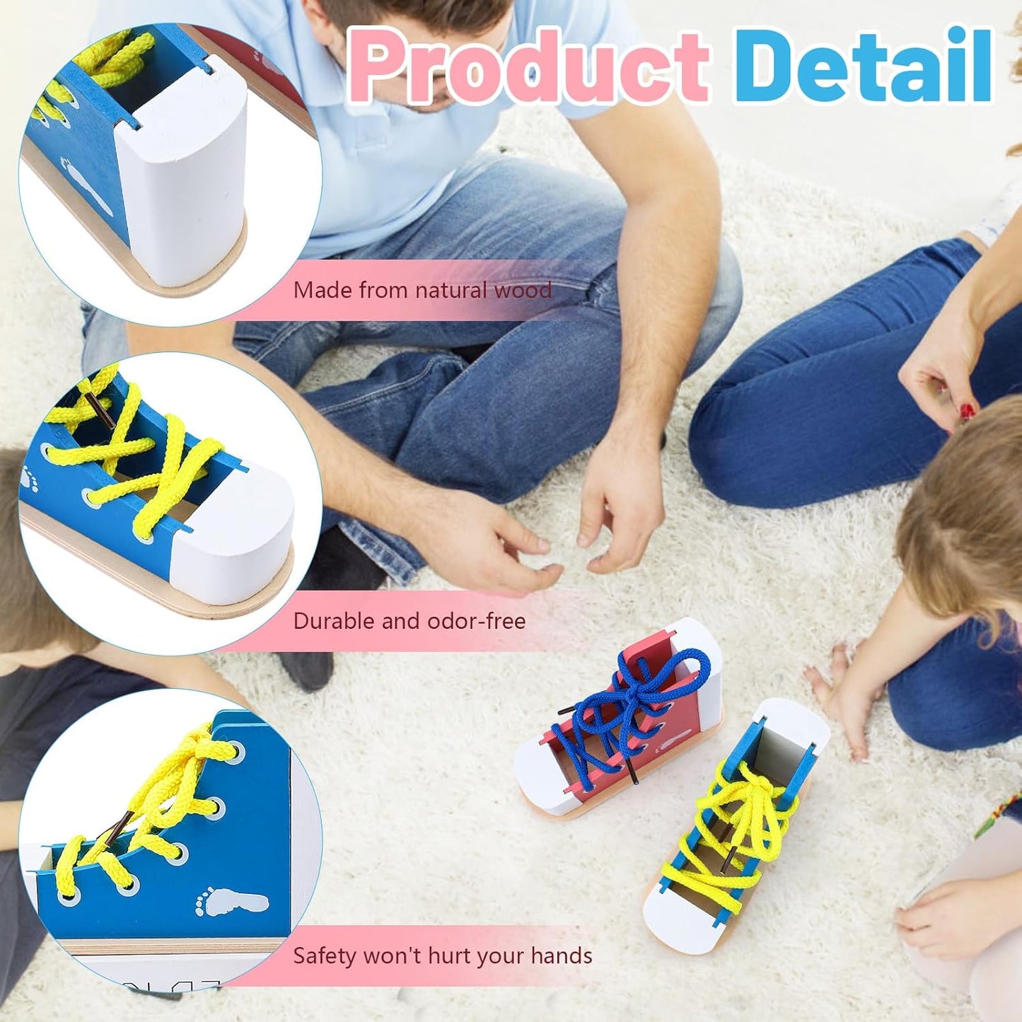 2 Pack Wooden Shoe Tying Practice Kit with Blue and Pink Laces, Instructional Lacing Technique Aid for Fine Motor Skills Development (Blue,Pink)