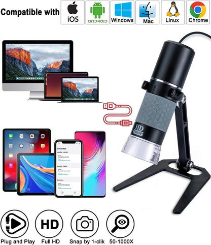 Jiusion 40 to 1000x Magnification Endoscope, 8 LED USB 2.0 Digital Microscope, Mini Camera with OTG Adapter Metal Stand, Compatible with Mac Windows 7 8 10 11 Android Linux Chrome Not for iPhone/iPad