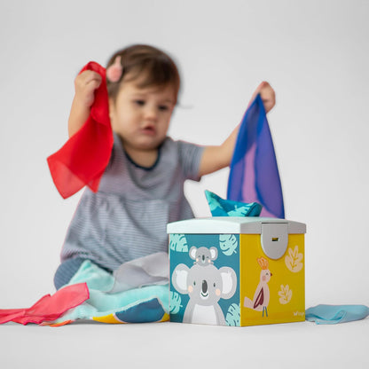 Taf Toys Baby Tissue Box Toy Silicone Baby Toys 6-12 Months Montessori Toys Sensory Activity & 10 Tissues for Fine Motor Development Soft Interactive Silicone Learning Cube for 1 Year Old Toddlers