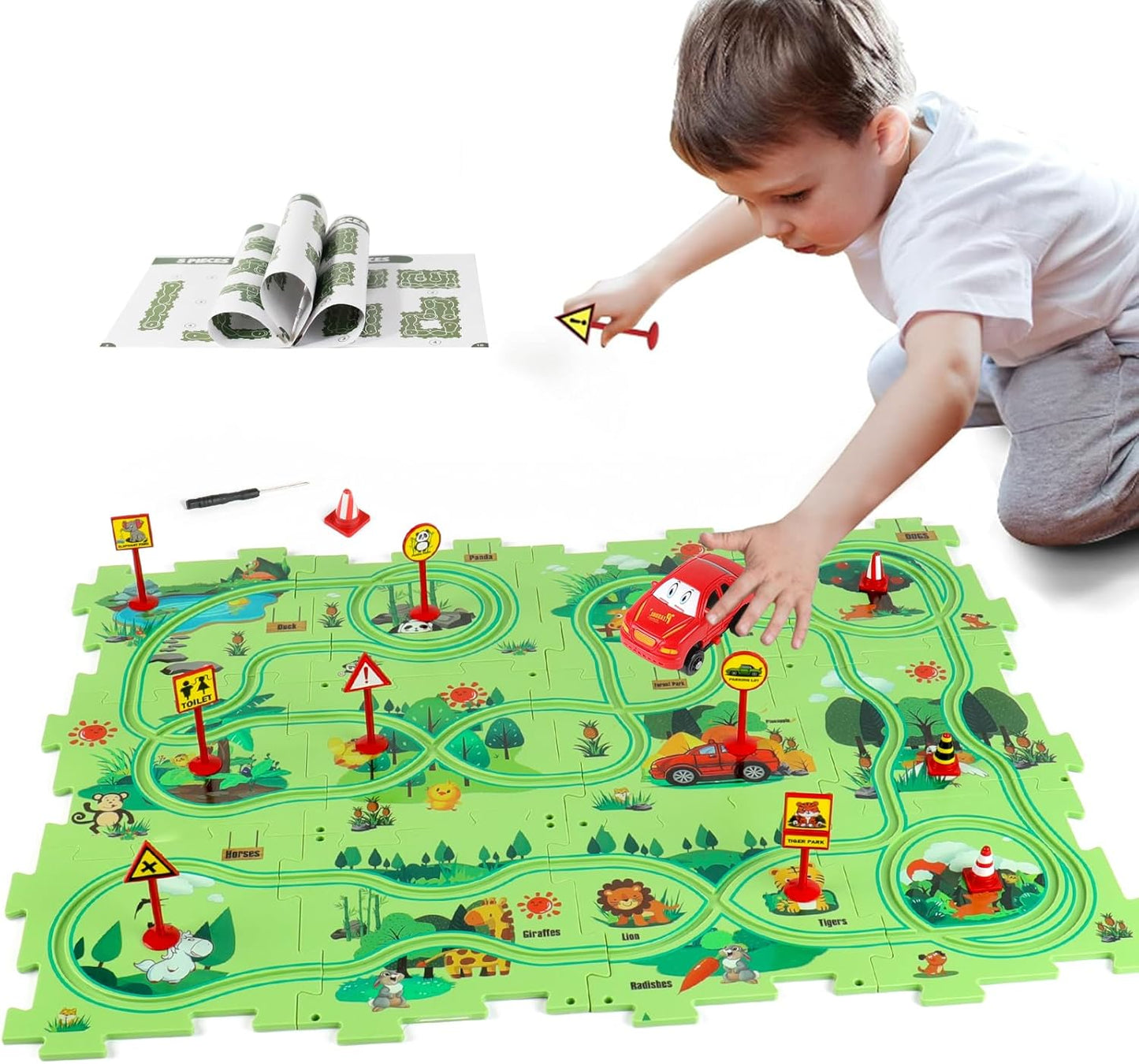 Plastic Floor Puzzles for Kids Ages 3-5, Puzzle Track Car Play Set, Educational Montessori Toys for 3 4 5 6 Year Old Boys, 3 4 5 6 Year Old Boy Birthday Gift, Boy Toys Age 3