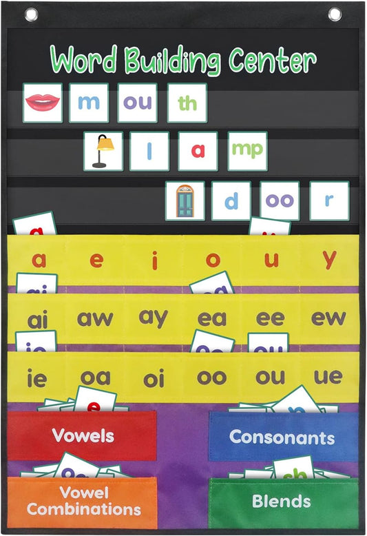 Boczif Word Building Center Pocket Chart for Educational Preschool Learning Resources, Syllable, Word Recognition Pocket Chart with Word Families Cards, Classroom Pocket Chart, Teacher Pocket Charts