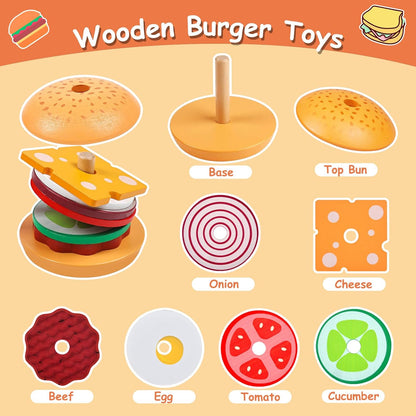 Montessori Toys for 2, 3 Year Old, Wooden Burger Sandwich Stacking Toys for Toddler Educational Toys Fine Motor Skills Foods Preschool Learning Blocks Gifts Boys Girls