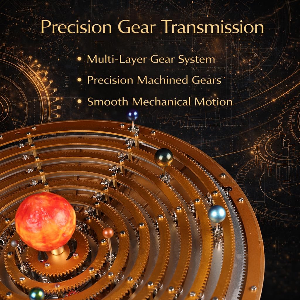Motorized Metal Solar System Model Kit, 600+ Precision Parts Mechanical Orrery with LED Sun, STEM Astronomy Engineering Building Kit for Adults, Planetary Gear Planetarium Desk Display