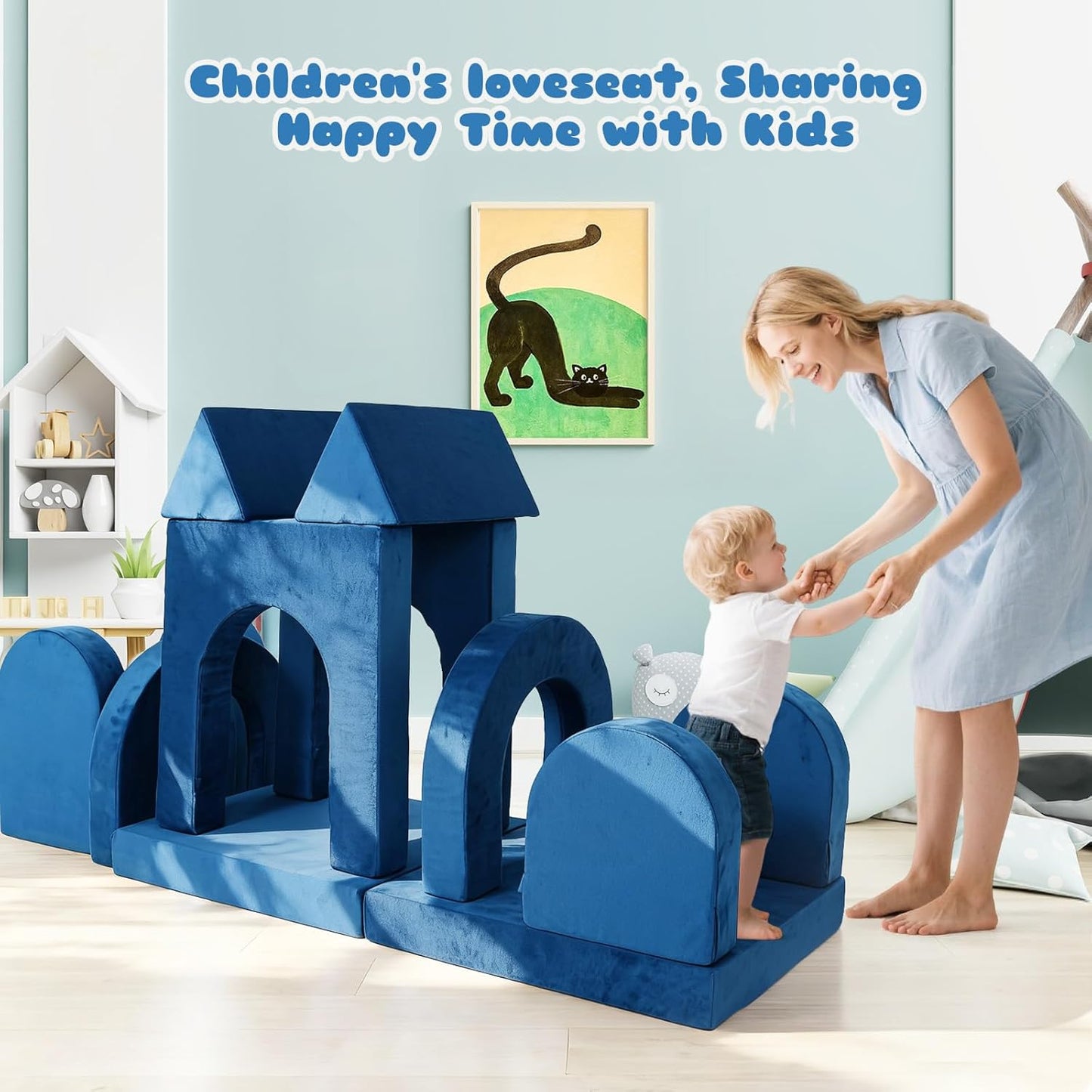 Tangram Puzzles modular kids play couch building fort, Children explorer sofa with Ball Pit, Kids playroom convertible furniture for Inspiring Child Creativity, Made entirely of sponge (Blue Series)
