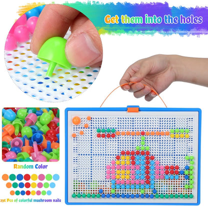Mushroom Nails Pegboard Toy 296-Piece Educational Puzzle with Letters and Numbers Set for Kids Motor Skills Logic Thinking 11.41X8.26X1.37In