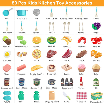 130Pcs Kitchen Playset, Toddler Pretend Cooking Play Pots, Pans, Utensils Cookware, Daily Food Fruit Veges, Shopping Storage Basket, Dessert, Prop Money, Learning Gift for Child (Pink)