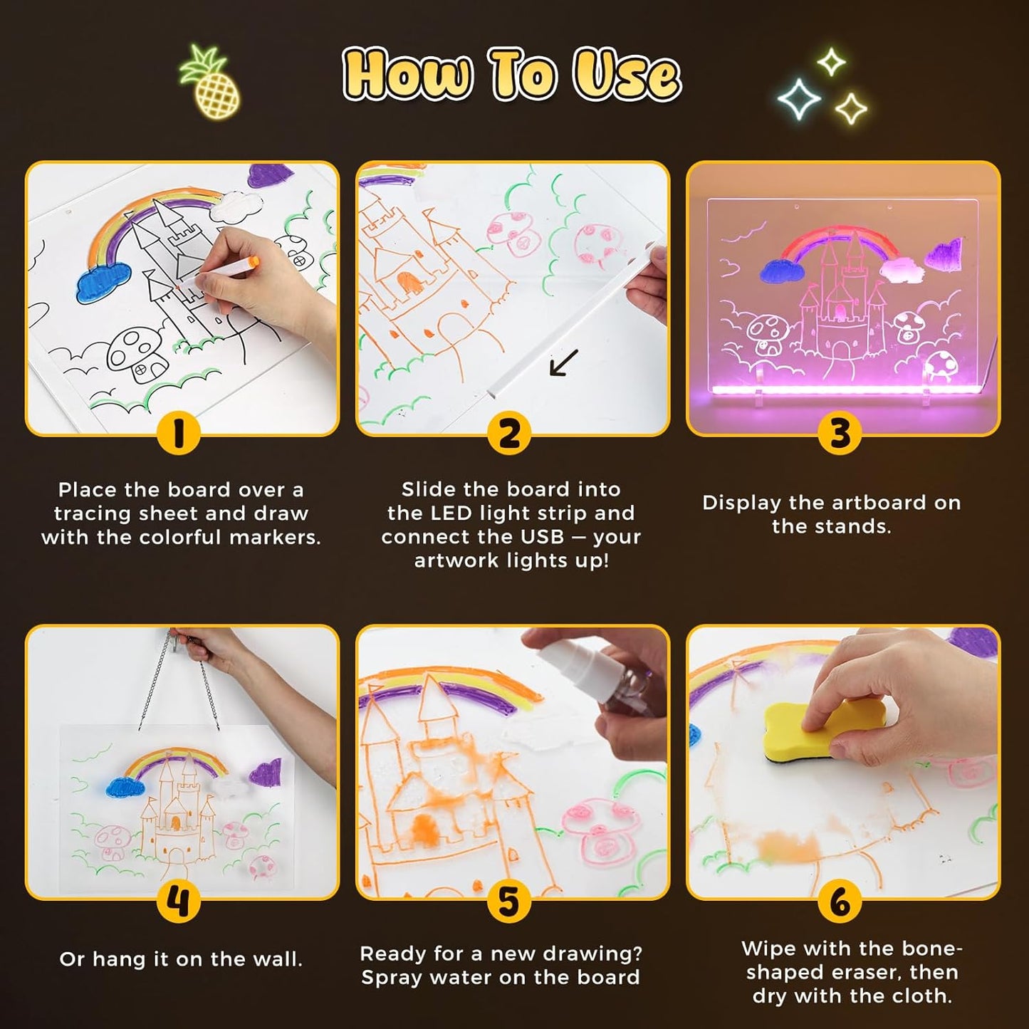 3 otters Led Drawing Board for Kids, 13.7"x10" Light UP Note Pad with 7 Colors Dry Erase Boards with 7 Markers, Soft Cloth, Hanging Chain, Spray Bottle, Holiday Birthday Trend Gift