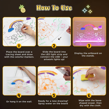 3 otters Led Drawing Board for Kids, 13.7"x10" Light UP Note Pad with 7 Colors Dry Erase Boards with 7 Markers, Soft Cloth, Hanging Chain, Spray Bottle, Holiday Birthday Trend Gift