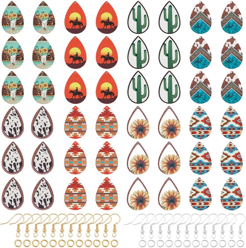 Wooden Dangle Earring Making Kit for Jewelry Making with 48Pcs 8 Western Style Wooden Colorful Pendants Teardrop Charms 48Pcs Earring Hook 100Pcs Jump Rings Gold Silver
