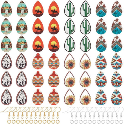 Wooden Dangle Earring Making Kit for Jewelry Making with 48Pcs 8 Western Style Wooden Colorful Pendants Teardrop Charms 48Pcs Earring Hook 100Pcs Jump Rings Gold Silver