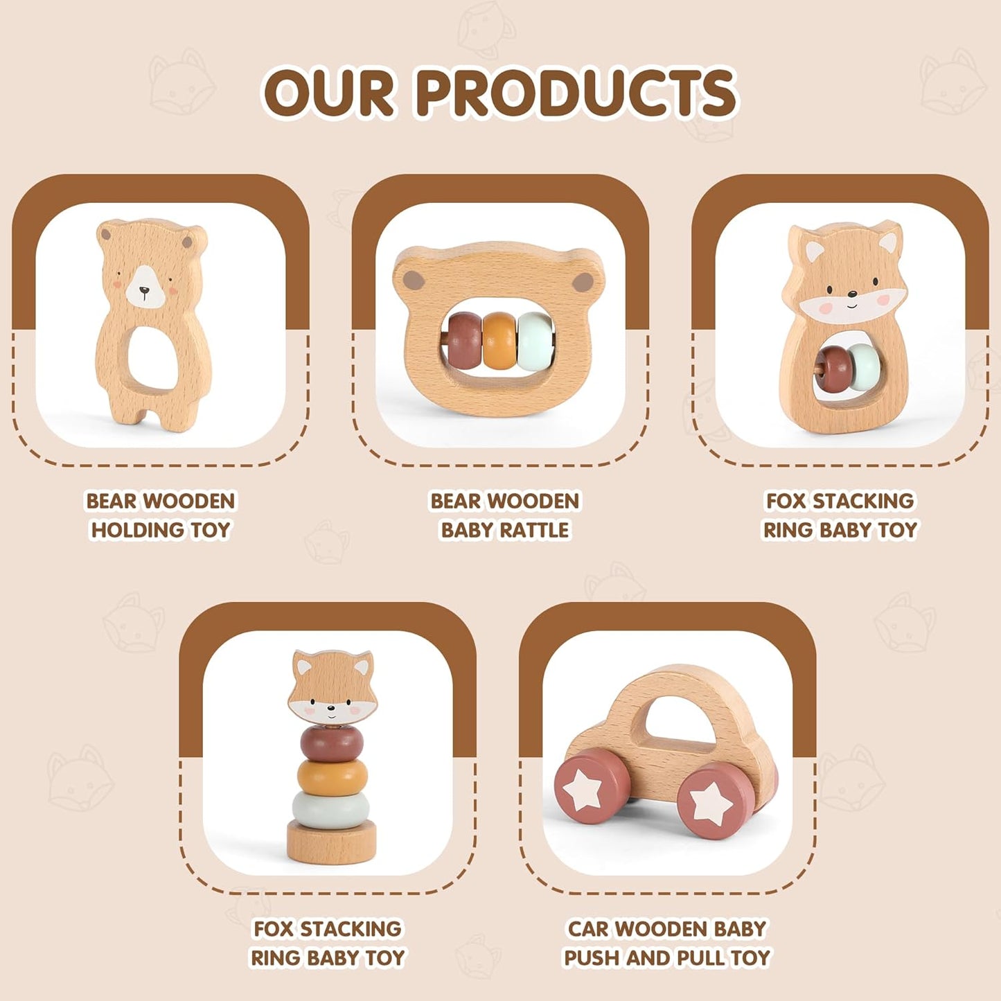 FReniland Wooden Montessori Baby Toys Set, 5-Piece Newborn Gift Set with Koala Rattle, Fox Stacking Rings & Push-Pull Toy for Boys and Girls