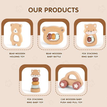 FReniland Wooden Montessori Baby Toys Set, 5-Piece Newborn Gift Set with Koala Rattle, Fox Stacking Rings & Push-Pull Toy for Boys and Girls