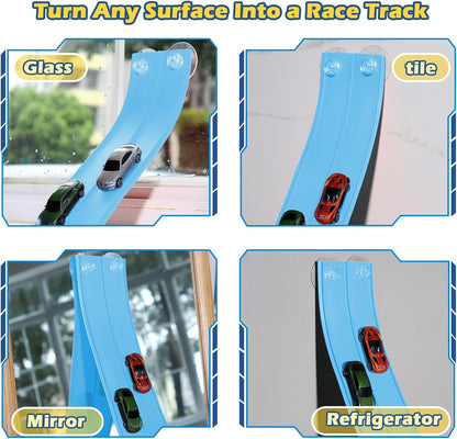 Flex Tracks 15 Ft Starter Set Flexible Race Track for Kids 3+, Flexible Car Track Race Car Ramp Track Compatible with Diecast 1/64th Cars, Portable Rolls Up Race Tracks with Strong Suction Cups