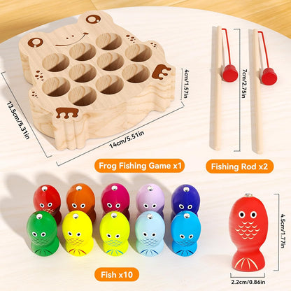 Wooden Magnetic Fishing Game for Toddlers 1-3, Montessori Sensory Busy Board Fine Motor Skills Toys for 1 2 3 Years Old Boys Girls (Frog B-Fish Game)