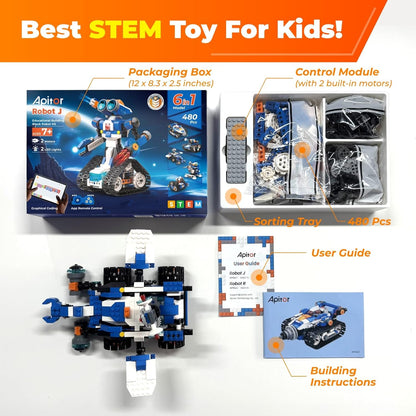 Apitor STEM Robot Toy 6-in-1 Robot Building Kit for Boys Age 8-12, APP Remote Control STEM Coding Toys, Educational Robotics Gifts for Boys Girls Kids Ages 7 8 9 10 11 12 (480 Pieces)