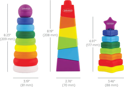 Infantino Imagination Stackers Playset, Rainbow Stacker, Rocket Stacker, Ball Stacker for Babies 12M+, 3-Style Set, 19 Pieces