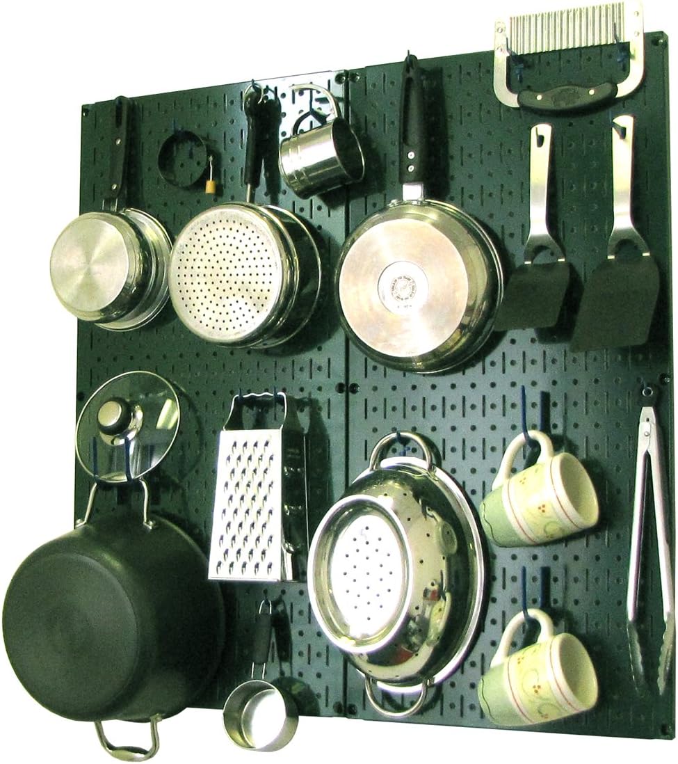 Wall Control Kitchen Pegboard Organizer Pots and Pans Storage Rack Organization Kit with Green Pegboard and White Accessories