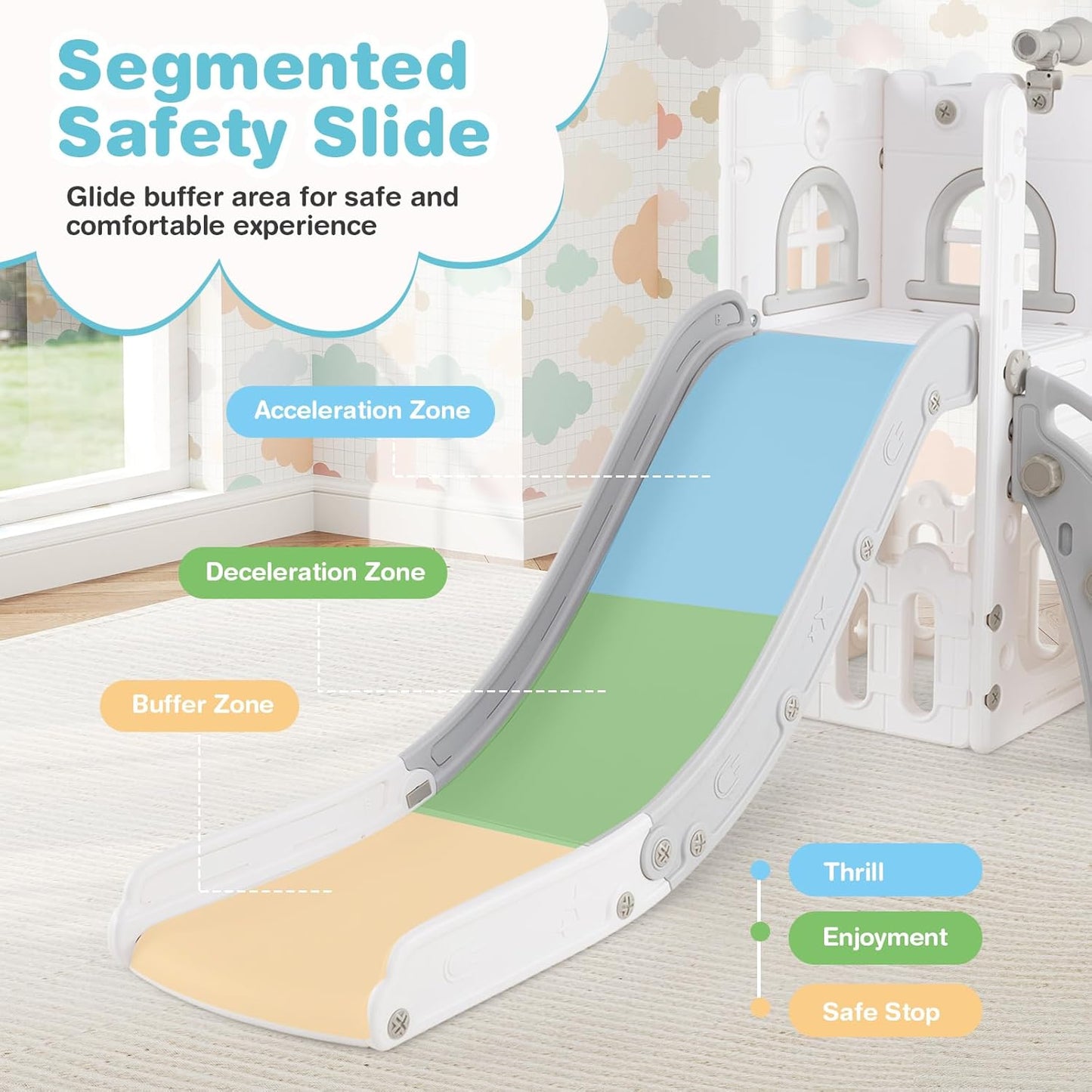 HONEY JOY Toddler Slide, 6 in 1 Freestanding Slide for Kids, Indoor Outdoor Castle Climber Playset Gym w/Basketball Hoop, Ball, Telescope, Storage, Playground Baby Slide for Boys Girls (Blue)