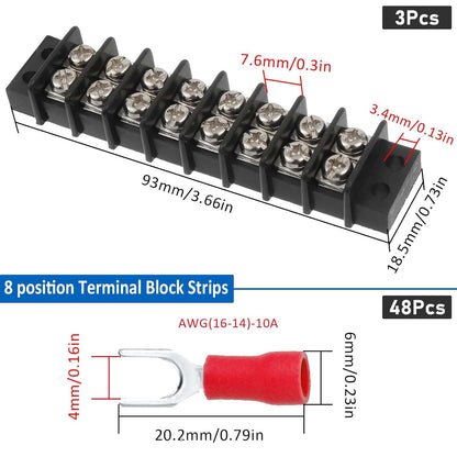 3sets 10 Position Terminal Strips， Dual Screw Terminals Block Strip with 16-14AWG Insulated Fork Wire Connectors for Electrical Wiring