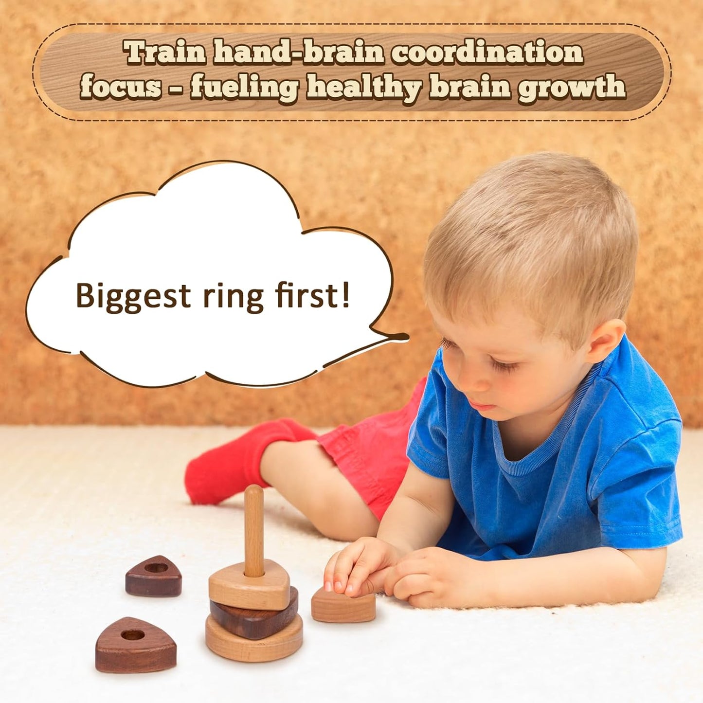 Adena Montessori Ring Wooden Stacking Toy,Montessori Geometric Stacker Wooden Educational Toy,Baby and Toddler Ages 12+ Months Shape Sorter and Stacking Toy, Stacking Tower Toy for Babies(Circle)