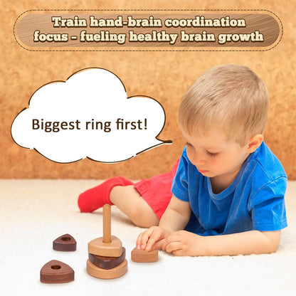 Adena Montessori Ring Wooden Stacking Toy,Montessori Geometric Stacker Wooden Educational Toy,Baby and Toddler Ages 12+ Months Shape Sorter and Stacking Toy, Stacking Tower Toy for Babies(Circle)