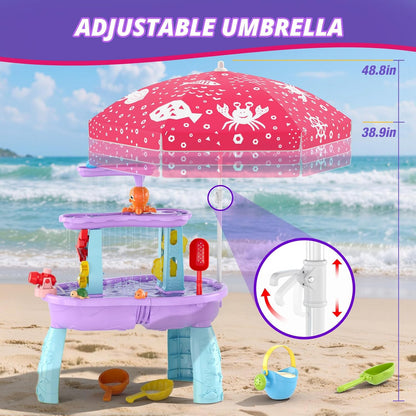 Wee Wonders 3-Tier Water Table for Toddlers, Kids Sand Water Table with Adjustable Umbrella, Sand Toys & Fishing Game, Sensory Table Activity Playset for Outdoor Beach, Summer Toys for Girls Boys 3-5