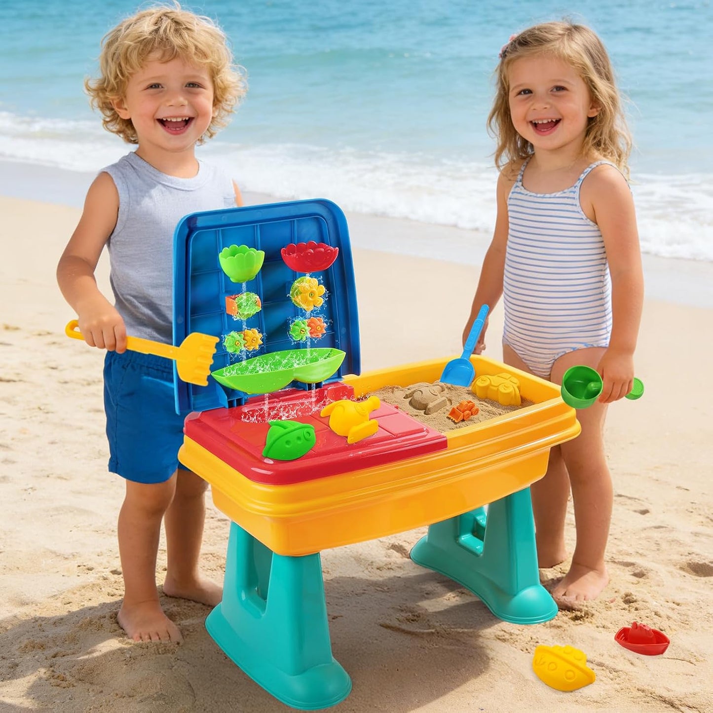 Kids Sand and Water Table, 2 in 1 Toddler Activity Table with Water Wheel & Sand Tools, Outdoor Indoor Sensory Play Sandbox Table for Toddlers, Summer Beach Water Toys for Boys Girls Age 3+