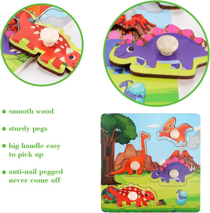Wooden Peg Puzzles for Toddlers 1-3, Kids' Educational Preschool Peg Puzzle Toy, Set of 4 Toddler Puzzles - Farm, Dinosaur, Fruit and Marine Animals, Ideal Gift for Ages 1 2 3 Boys and Girls