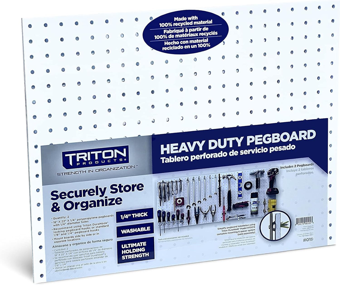 Triton Products Heavy Duty Poly Pegboards - Set of 2 DuraBoard Wall Panels, Each 22" x 18" x 1/4" with 1/4" Holes for Home, Office, Garage, Storage and Organization (White)