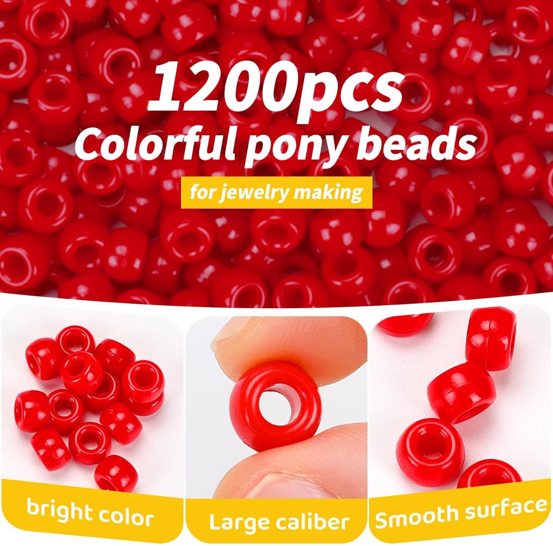 1200pcs Pony Beads Bulk – 11 Colors 6x9mm Plastic Craft Beads for Bracelets, Jewelry, Hair Braiding & DIY Projects