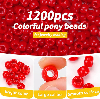 1200pcs Pony Beads Bulk – 11 Colors 6x9mm Plastic Craft Beads for Bracelets, Jewelry, Hair Braiding & DIY Projects