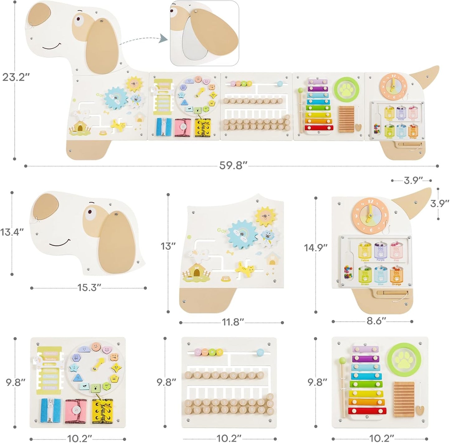 Wooden Dog Wall Busy Board Panels, Sensory Wall Activity Board for Toddlers 1-3, Montessori Learning Activity Center, Educational Toys for Kids Room, Preschool & Daycare