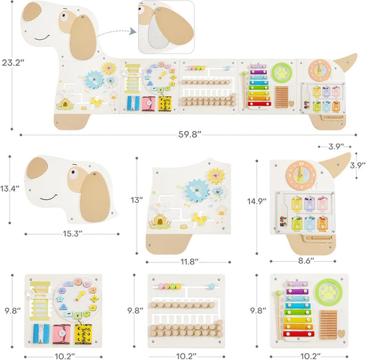 Wooden Dog Wall Busy Board Panels, Sensory Wall Activity Board for Toddlers 1-3, Montessori Learning Activity Center, Educational Toys for Kids Room, Preschool & Daycare
