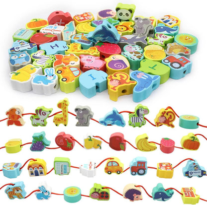 BMTOYS Montessori Educational Threading Toys Wooden Stringing Farm Animals Fruits Lacing Beads Preschool Toy for Toddler 3 4 5 Year Old Boys Girls