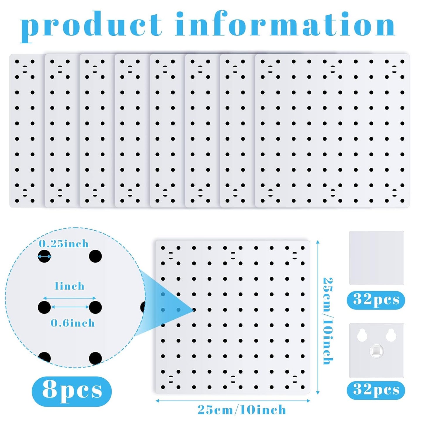 Nuanchu 8 Pack No Drill Pegboard Panels, 10x10 Inch White ABS Plastic Pegboard Wall Mount Organizer Kit for Garage Kitchen Office Living Room, Self Adhesive, 11lb Weight Capacity(White)