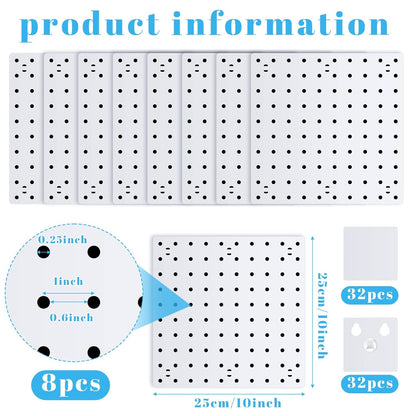 Nuanchu 8 Pack No Drill Pegboard Panels, 10x10 Inch White ABS Plastic Pegboard Wall Mount Organizer Kit for Garage Kitchen Office Living Room, Self Adhesive, 11lb Weight Capacity(White)