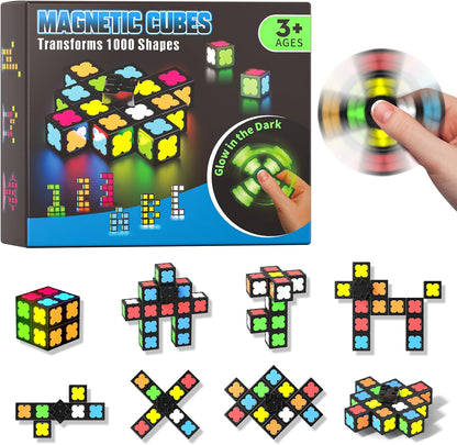 Magnetic Fidget Spinner Mini-38 Blocks, Glow Magnet Cube & Transformable Fidget Spinner & Infinity Cube & 3x3x3 Cube-4 in 1 Toy, STEM Building Tiles Stress Relief Sensory Gift for Kid Boy Girl Adult
