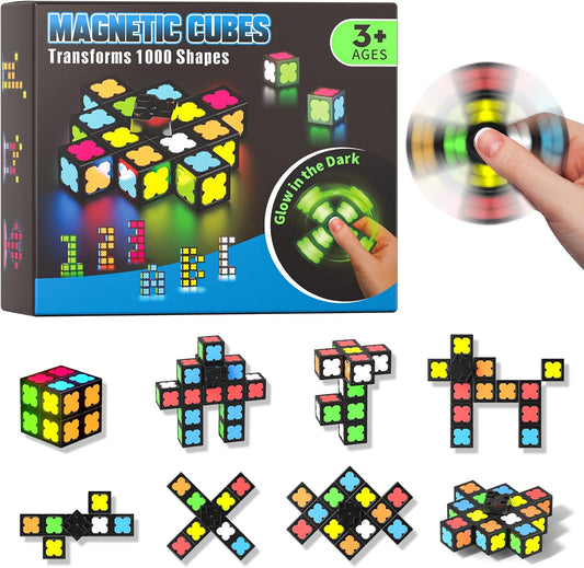Magnetic Fidget Spinner Mini-38 Blocks, Glow Magnet Cube & Transformable Fidget Spinner & Infinity Cube & 3x3x3 Cube-4 in 1 Toy, STEM Building Tiles Stress Relief Sensory Gift for Kid Boy Girl Adult