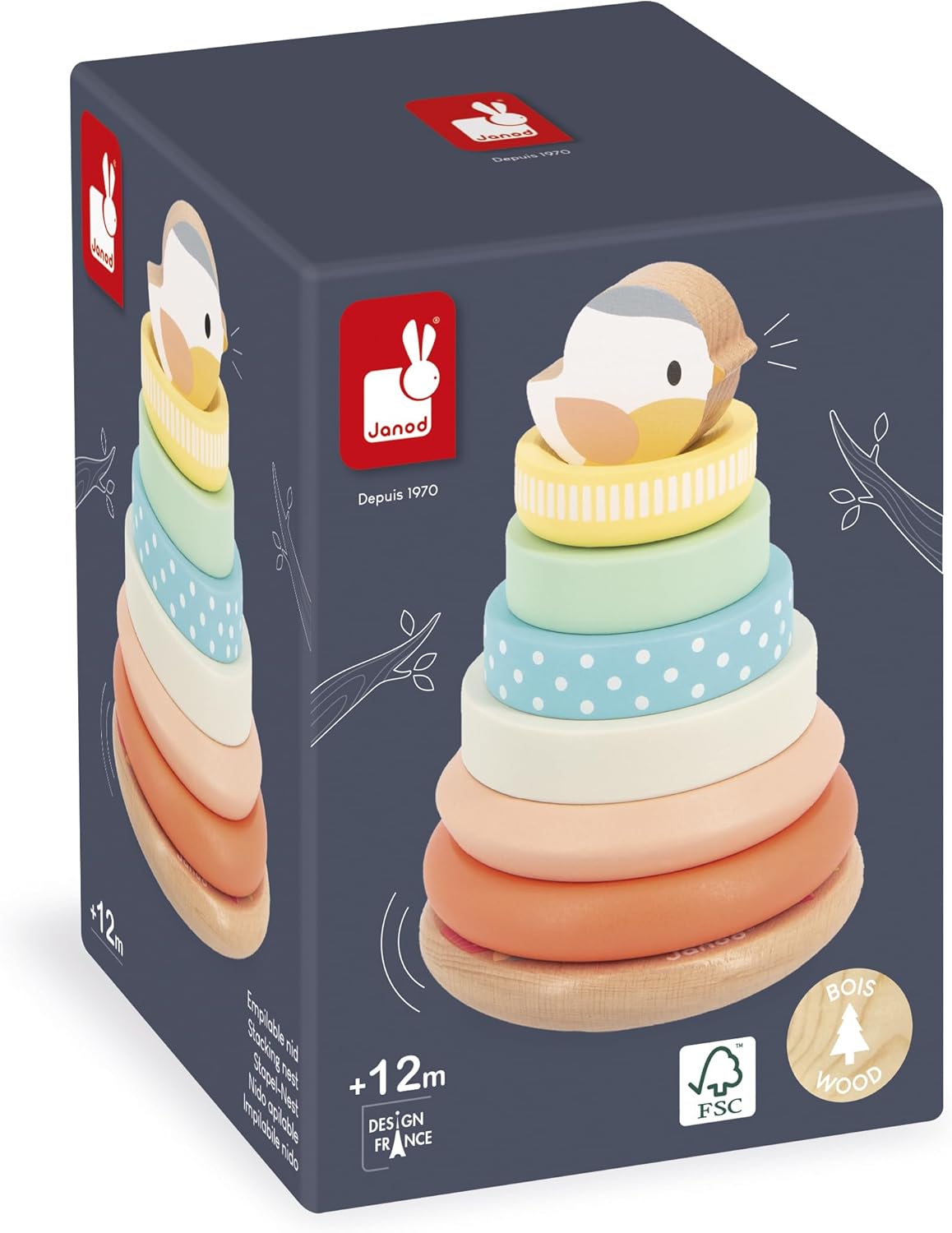 Janod - Stackable Culbuto Wooden Bird Toy - 7 Pieces to Stack - Stacking Tower - Moving Base - Baby Toy from 1 Year - J05145