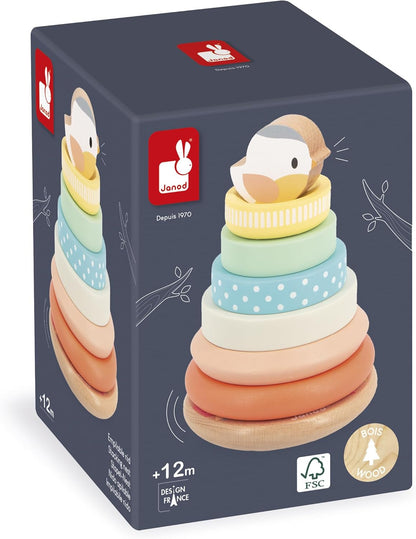 Janod - Stackable Culbuto Wooden Bird Toy - 7 Pieces to Stack - Stacking Tower - Moving Base - Baby Toy from 1 Year - J05145