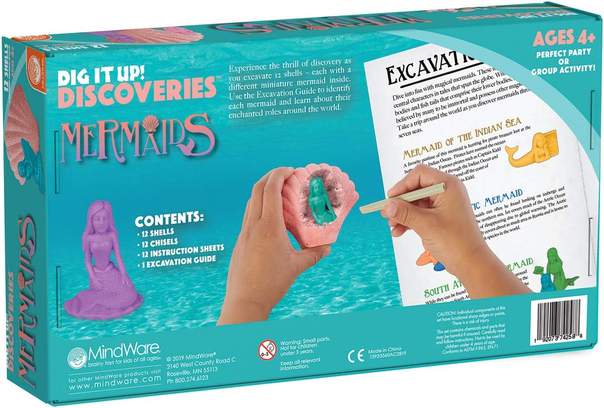 MindWare Dig It Up! Discoveries Mermaids - Dig Kits for Kids with 12 Sea Shells, Each with a Mermaid Toy Inside, 12 Chiseling Tools and Instructions – Ages 4 and Up