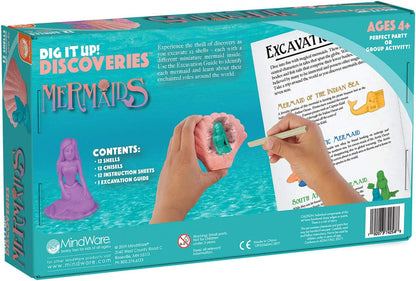 MindWare Dig It Up! Discoveries Mermaids - Dig Kits for Kids with 12 Sea Shells, Each with a Mermaid Toy Inside, 12 Chiseling Tools and Instructions – Ages 4 and Up