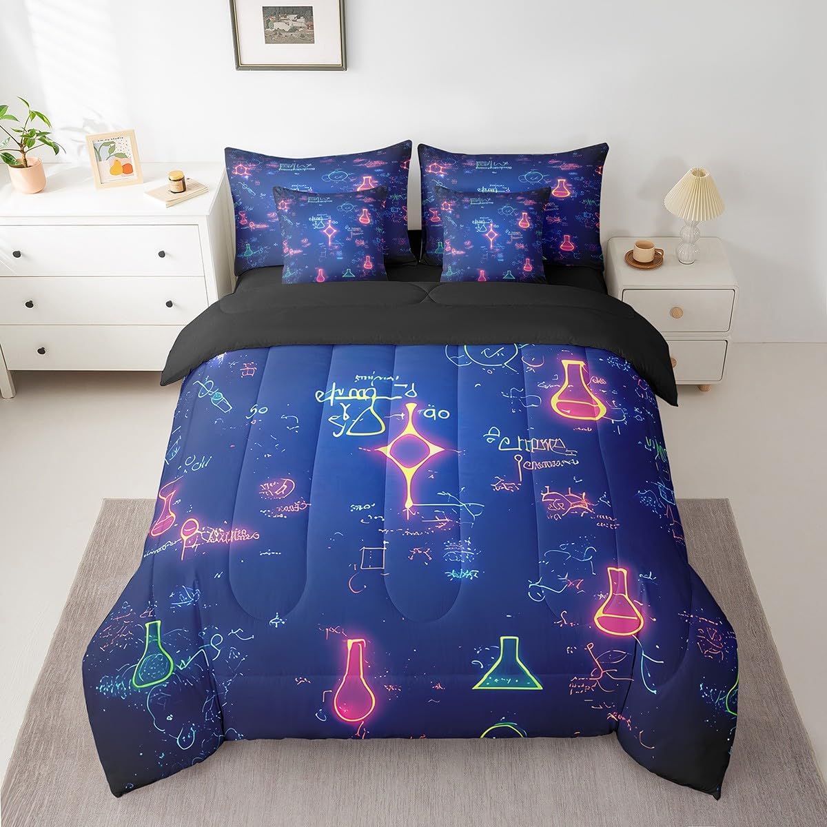 Erosebridal Chemical Equation Bed in a Bag Queen Comforter Set 7 Piece,Chemistry Bedding Sets Science Students Learning Gift Sheet Set with Comforter,Molecular Formula Education Bed Set - Colors B