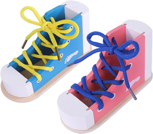 2PCS Learn to Tie Shoes - Wooden Lacing Shoe Tying Practice,Safe & Reusable Wood Shoelaces Tying Educational